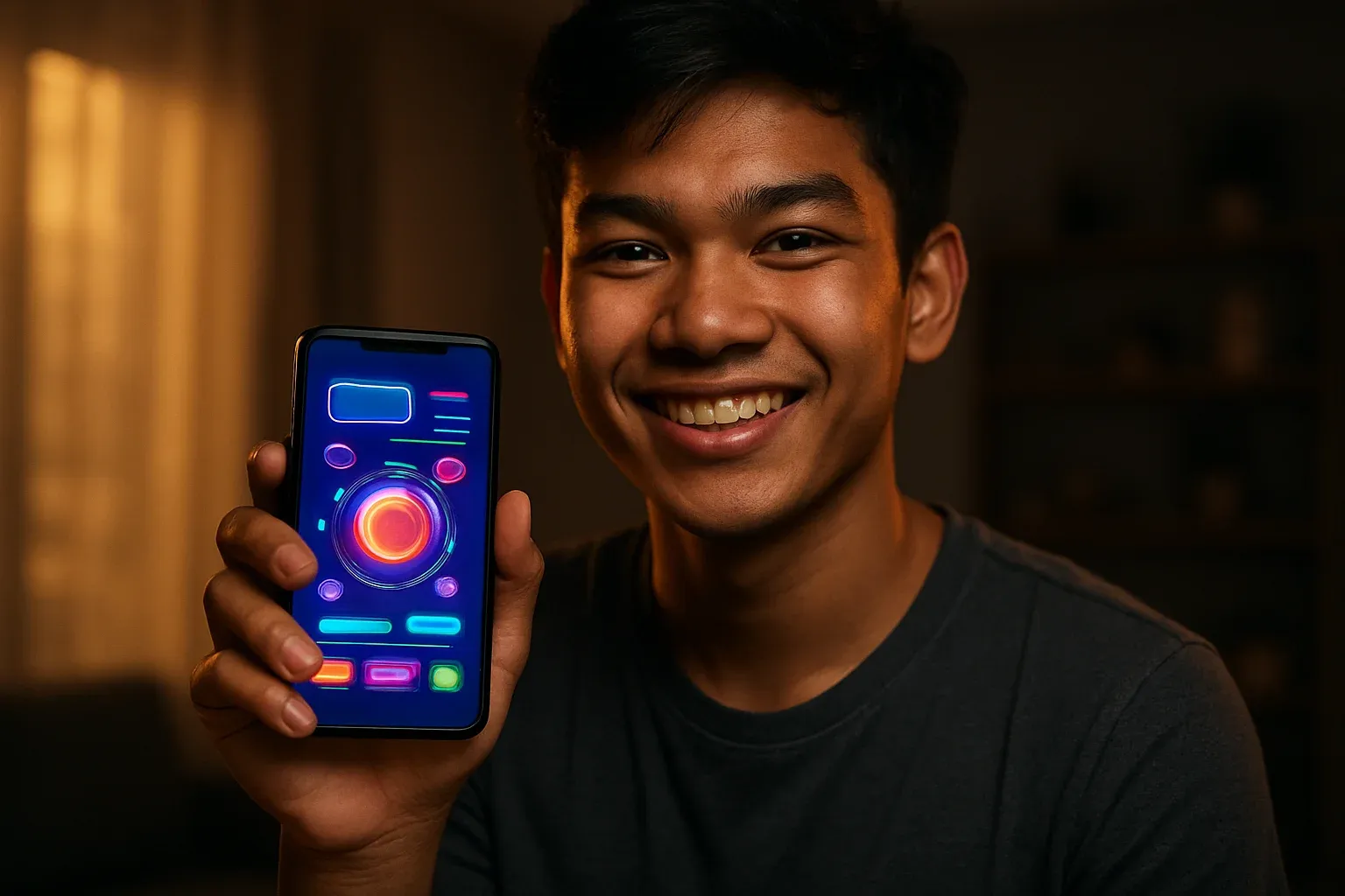 Smiling young Filipino man holding smartphone with colorful gaming app interface