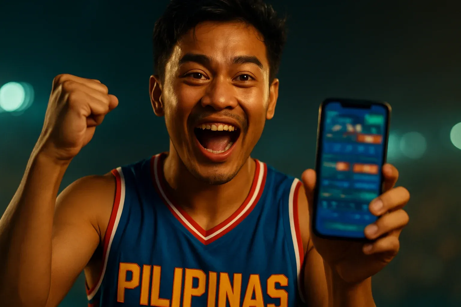 Excited young Filipino man holding smartphone with glowing sports betting interface