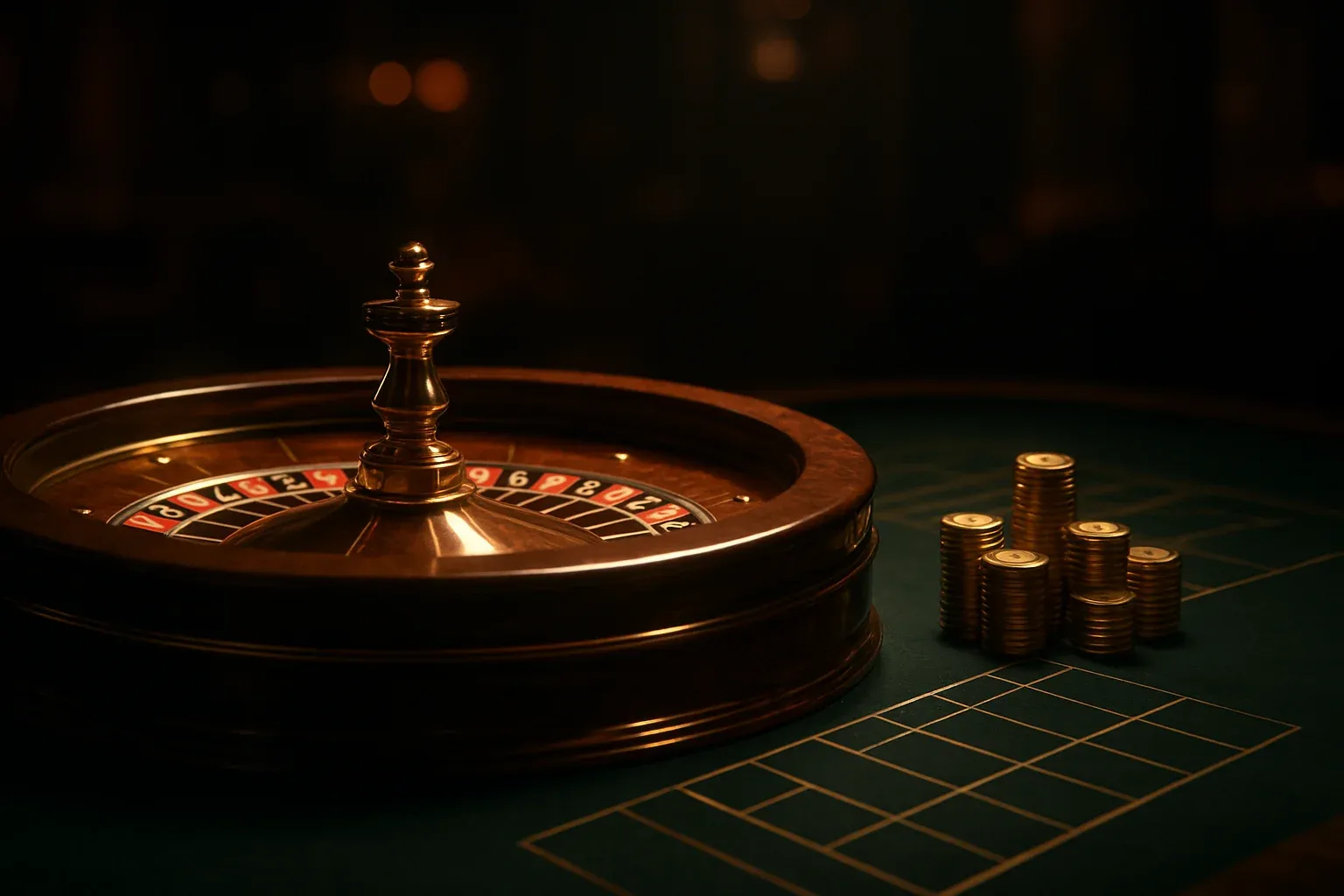 Elegant live casino table with glowing roulette wheel and golden chips