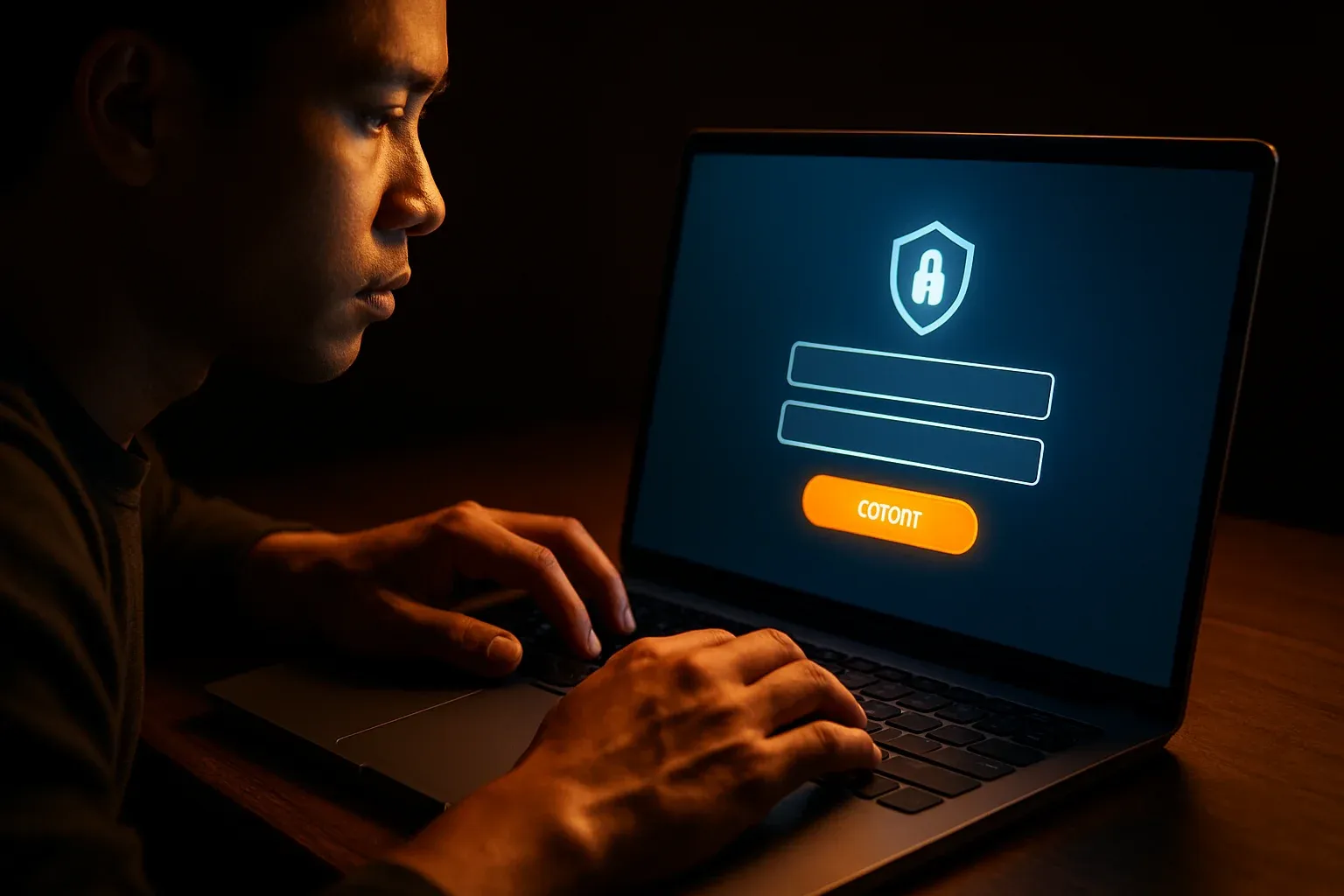 Young Filipino man's hands on laptop showing stylized login form