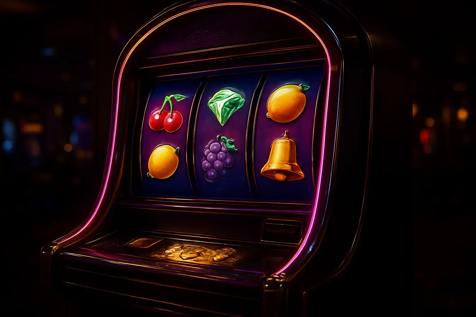 Hyperrealistic premium slot machine with three vertical reels in luxury casino